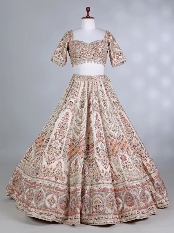 Peach raw silk sweetheart lehenga choli ensemble