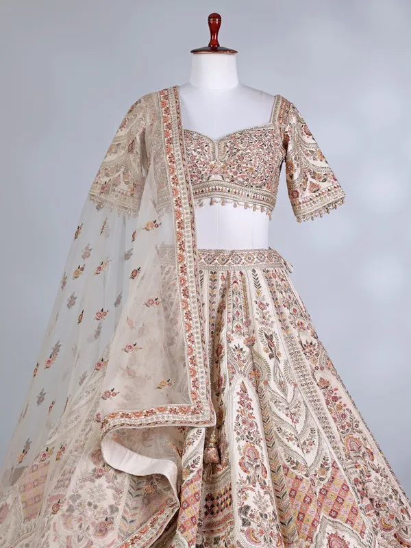 Peach raw silk sweetheart lehenga choli ensemble