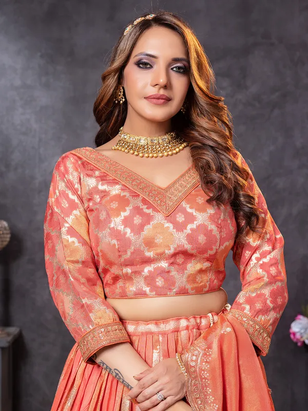 Peach resham tissue silk wedding wear lehenga choli