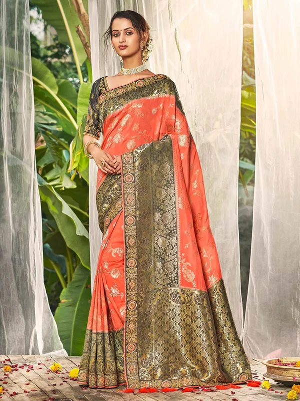Peach saree for wedding in silk