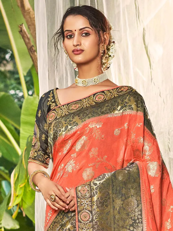 Peach saree for wedding in silk