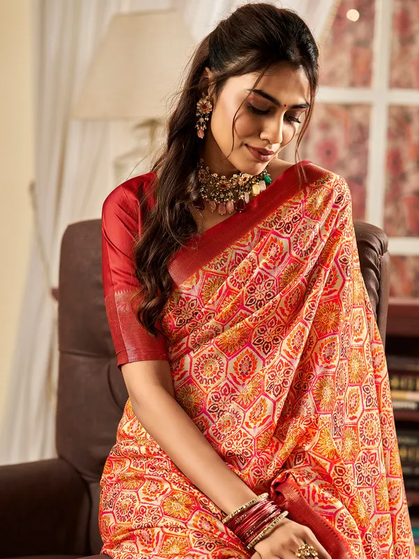 Peach satin digital printed saree