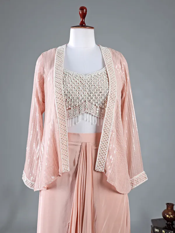 Peach satin silk jacket style indowestern suit