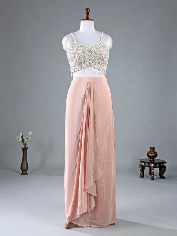 Peach satin silk jacket style indowestern suit