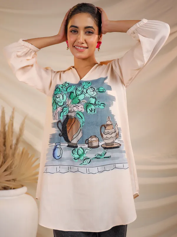 Peach satin silk printed top for women