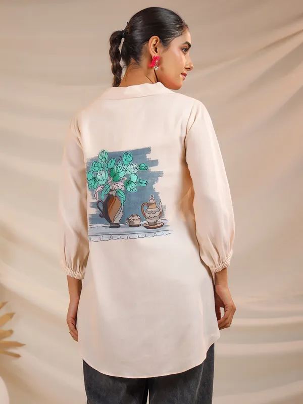Peach satin silk printed top for women