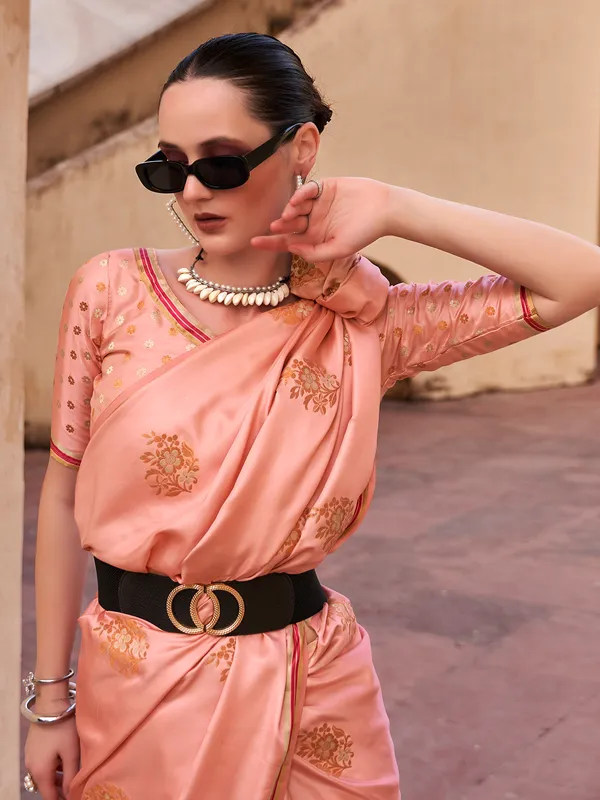 Peach satin silk saree for festivities