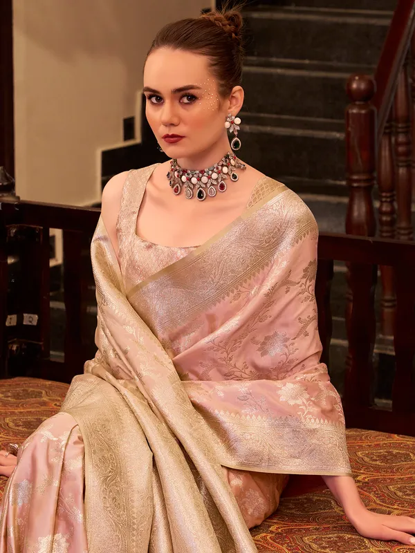 Peach satin silk saree with zari work