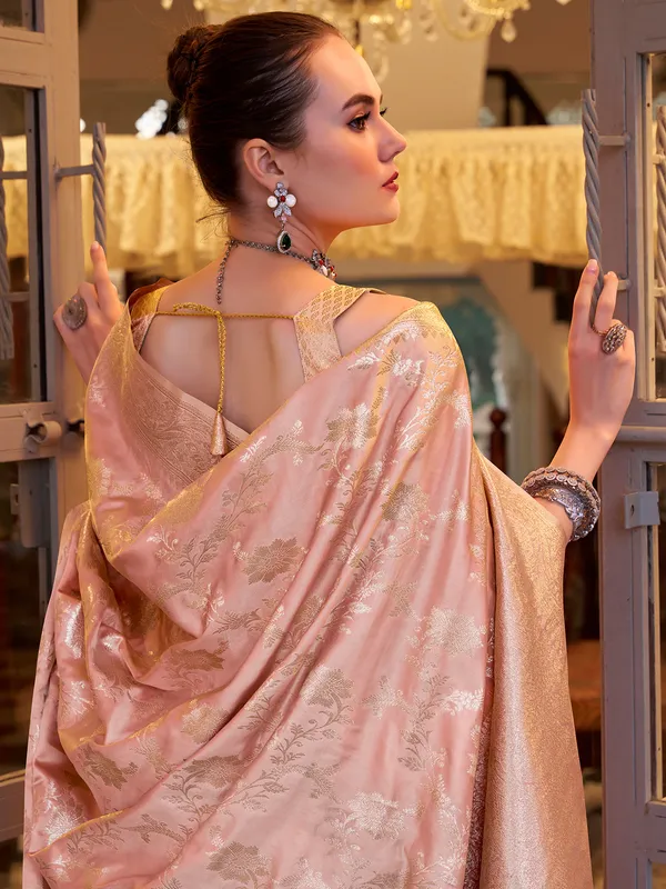 Peach satin silk saree with zari work