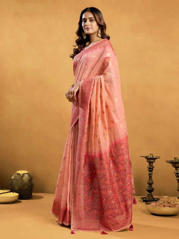 Peach semi cotton saree for special occasions