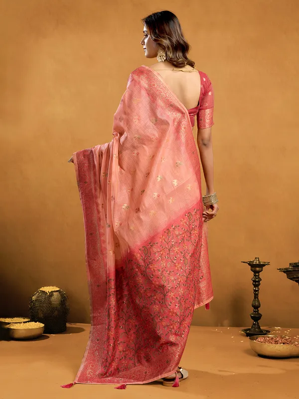 Peach semi cotton saree for special occasions