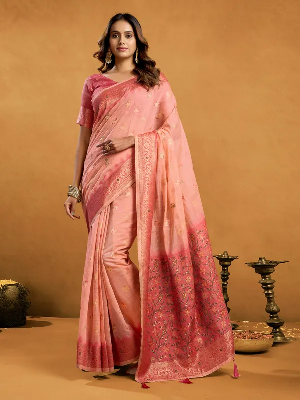 Peach semi cotton saree for special occasions