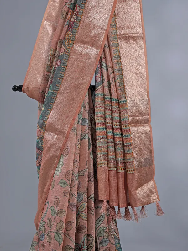 Peach semi cotton saree with zari weaving