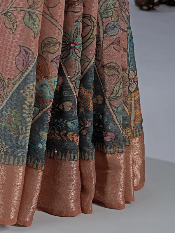 Peach semi cotton saree with zari weaving