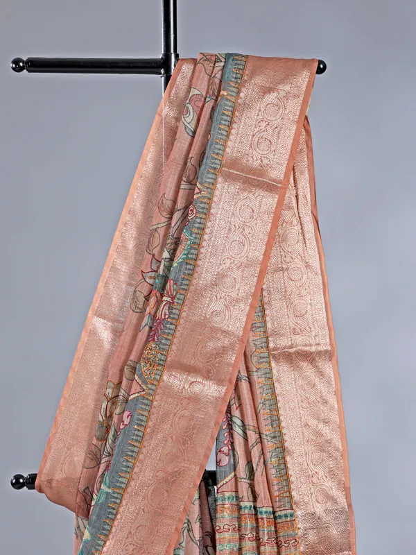 Peach semi cotton saree with zari weaving