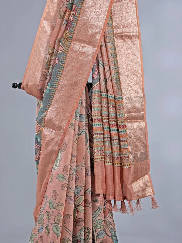 Peach semi cotton saree with zari weaving