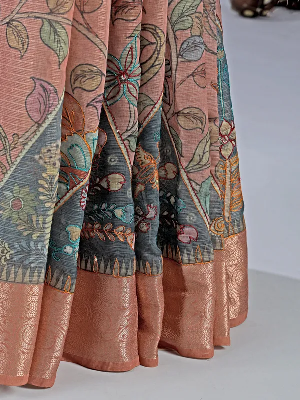 Peach semi cotton saree with zari weaving