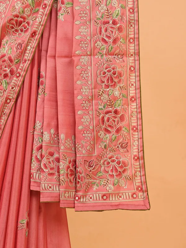 Peach semi tusser silk saree for women