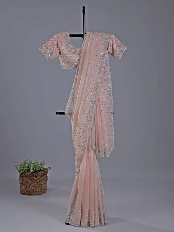 Peach sequins worked organza saree