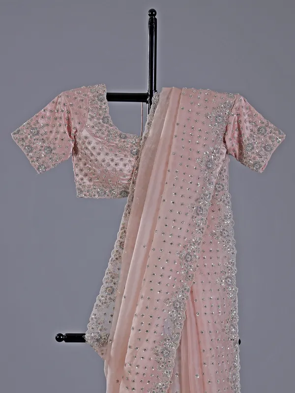 Peach sequins worked organza saree