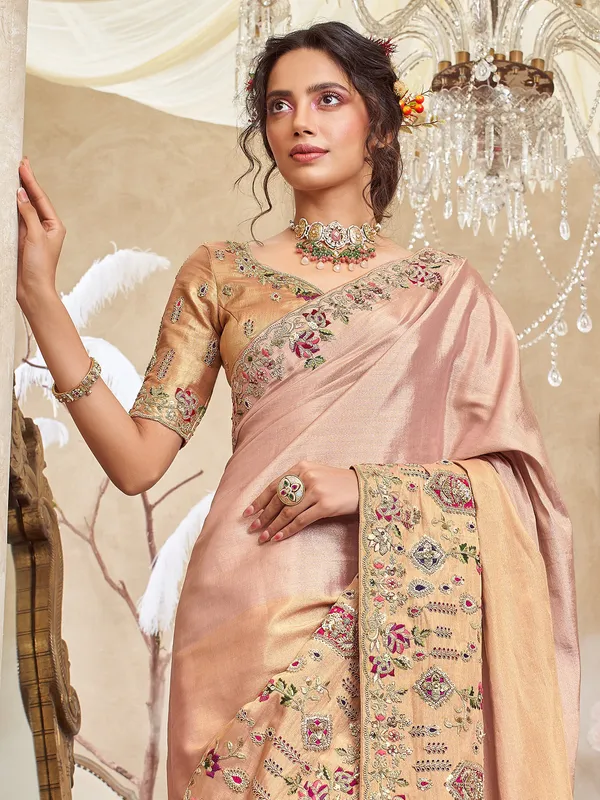 Peach shaded viscose silk festive wear saree