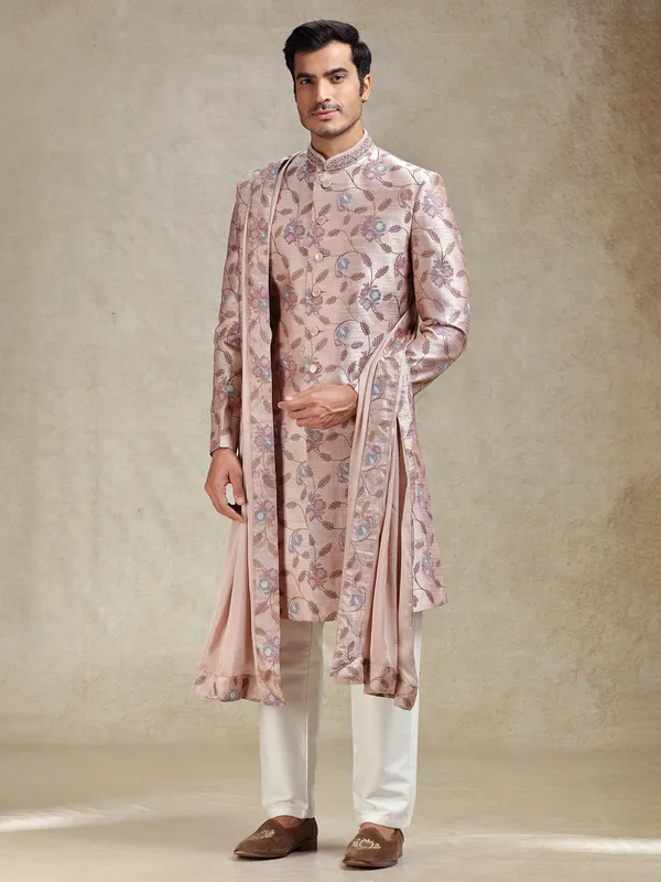 Peach sherwani in flower embroidery pattern