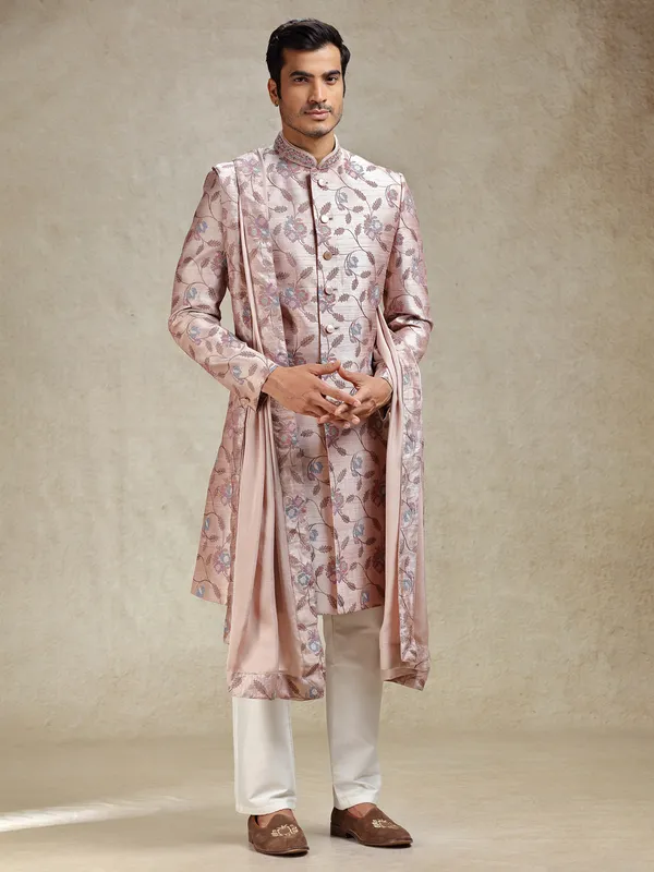 Peach sherwani in flower embroidery pattern