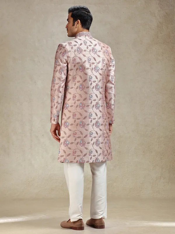Peach sherwani in flower embroidery pattern