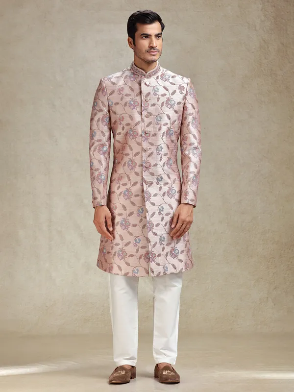 Peach sherwani in flower embroidery pattern