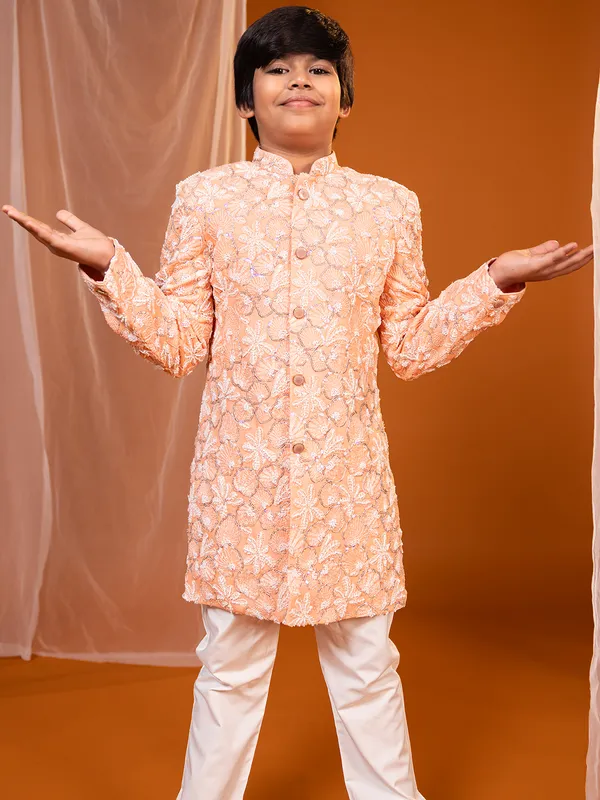Peach shiny indo-western in silk