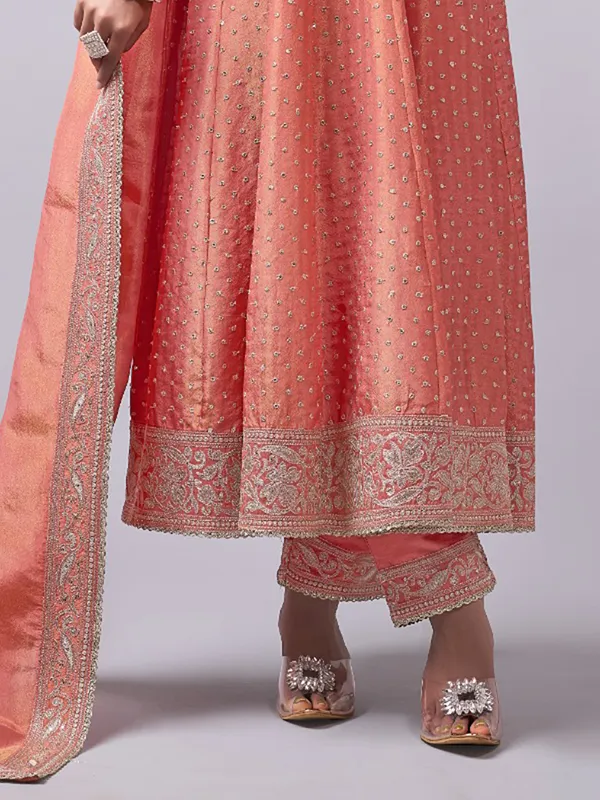 Peach silk anarkali suit for festive celebration