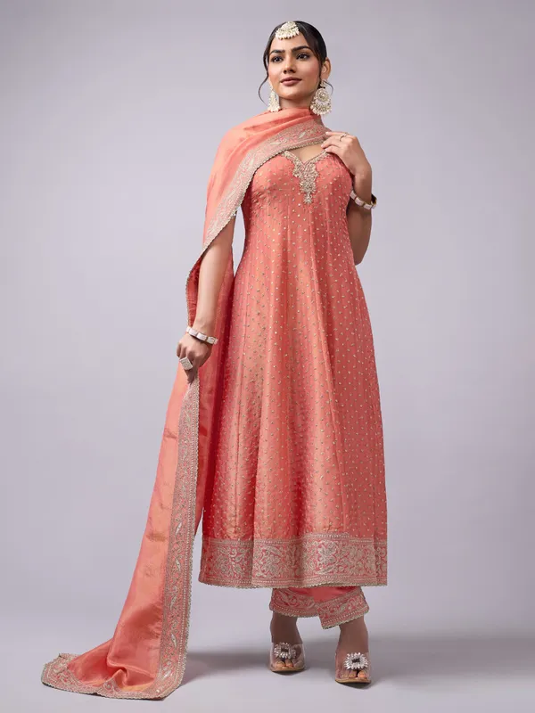 Peach silk anarkali suit for festive celebration