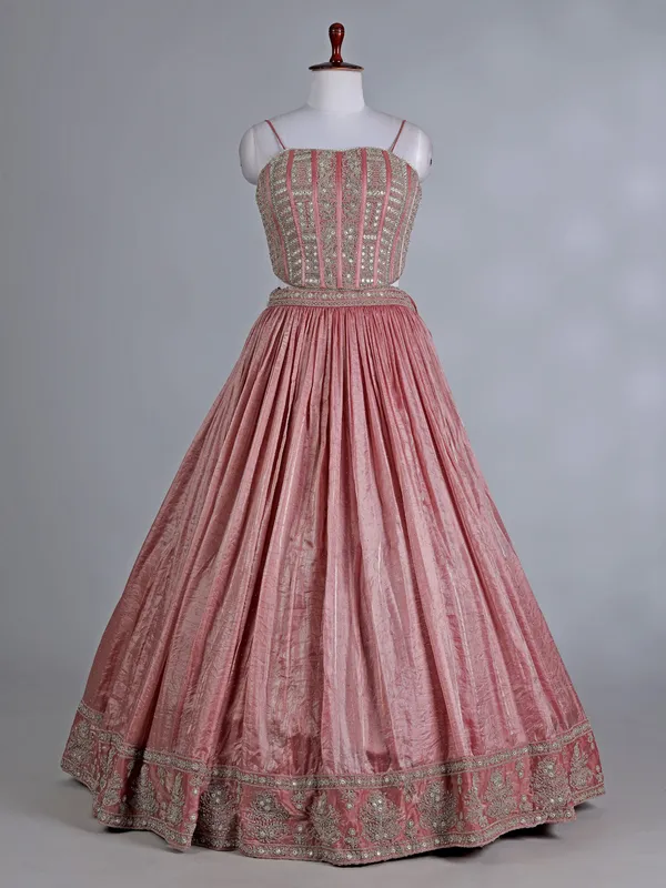 Peach silk bridal lehenga choli with sparkling stones