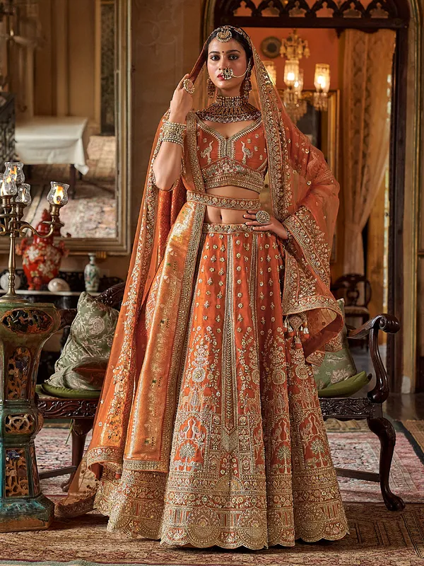 Peach silk bridal lehenga choli with two dupatta