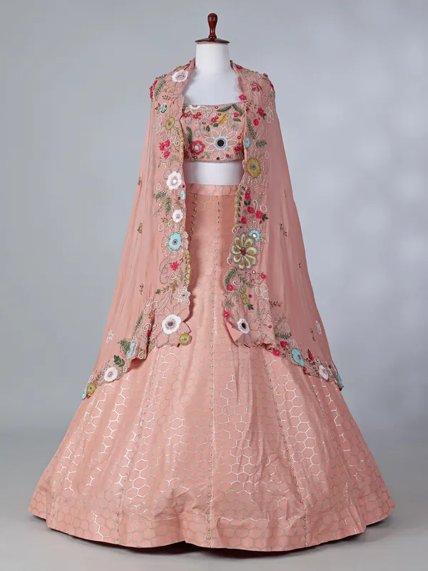 Peach silk designer lehenga choli with shrug