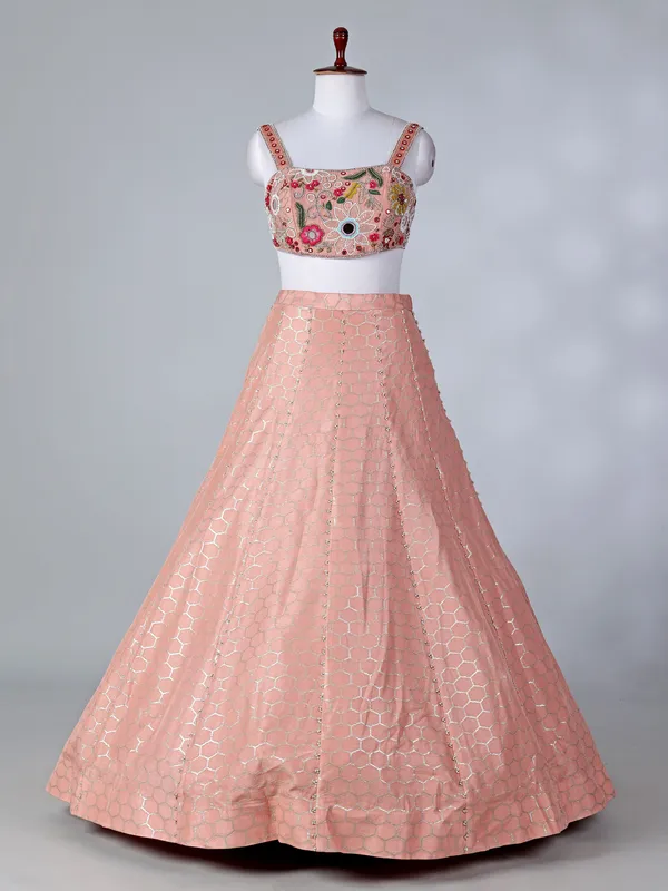 Peach silk designer lehenga choli with shrug