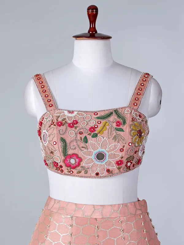 Peach silk designer lehenga choli with shrug