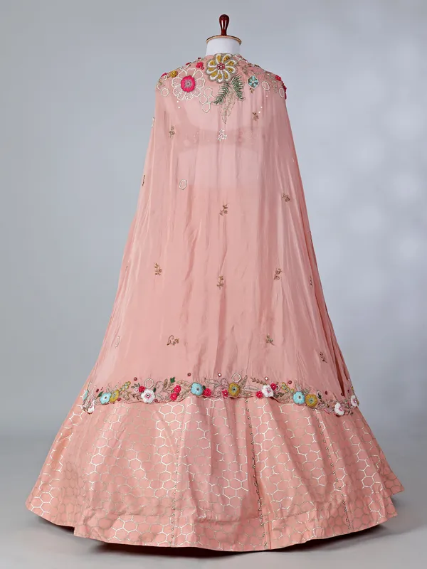 Peach silk designer lehenga choli with shrug