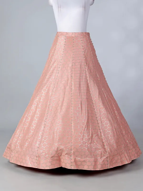 Peach silk designer lehenga choli with shrug