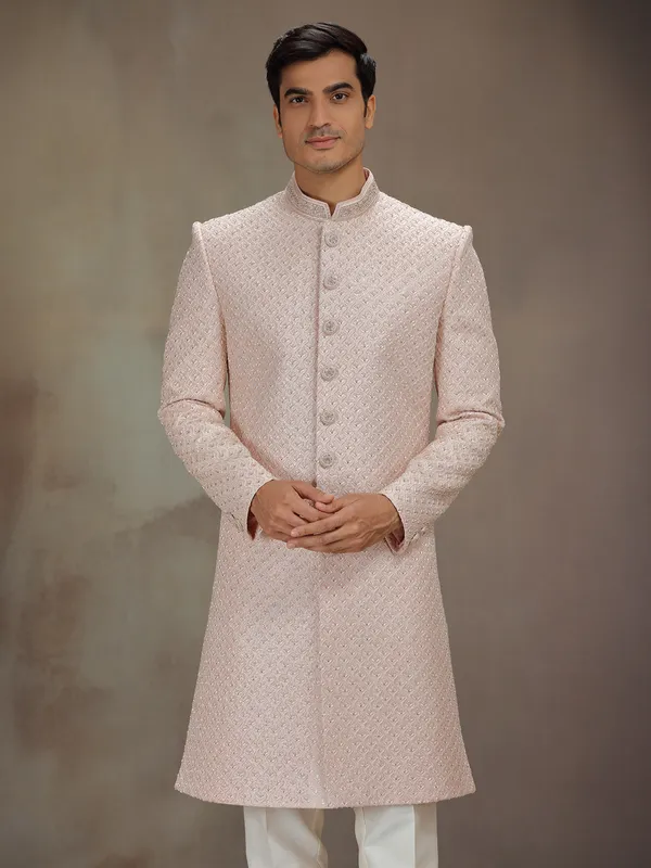 Peach silk embellished indo western