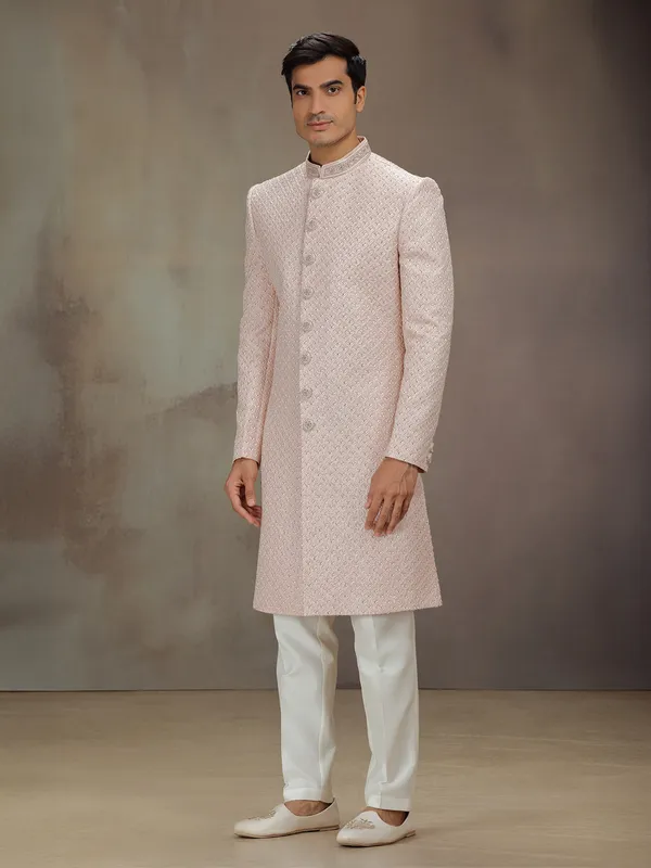 Peach silk embellished indo western