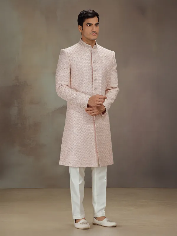 Peach silk embellished indo western
