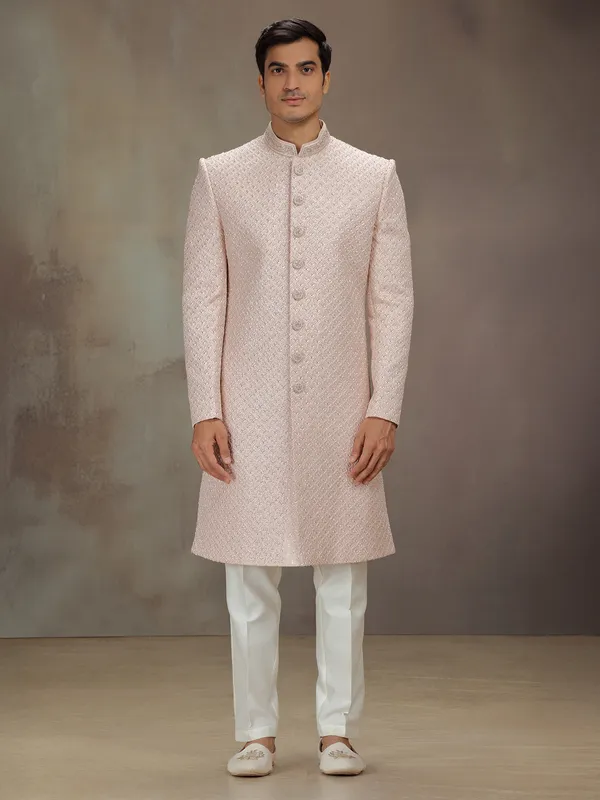 Peach silk embellished indo western