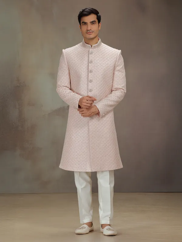 Peach silk embellished indo western