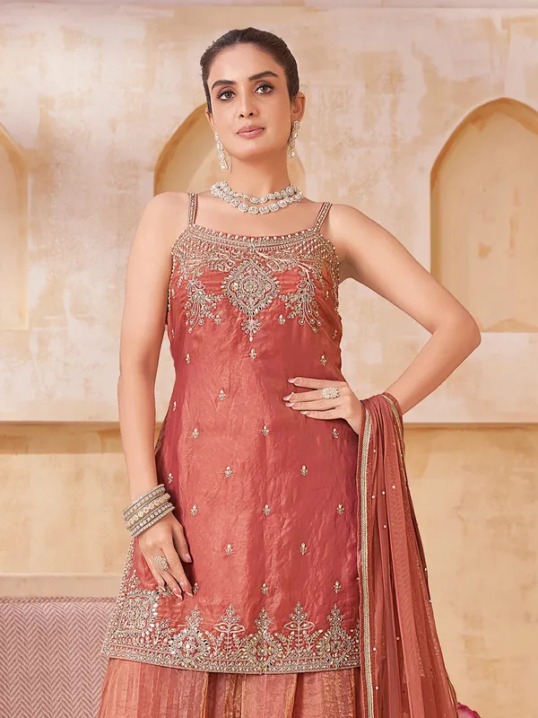 Peach silk embellished palazzo salwar suit