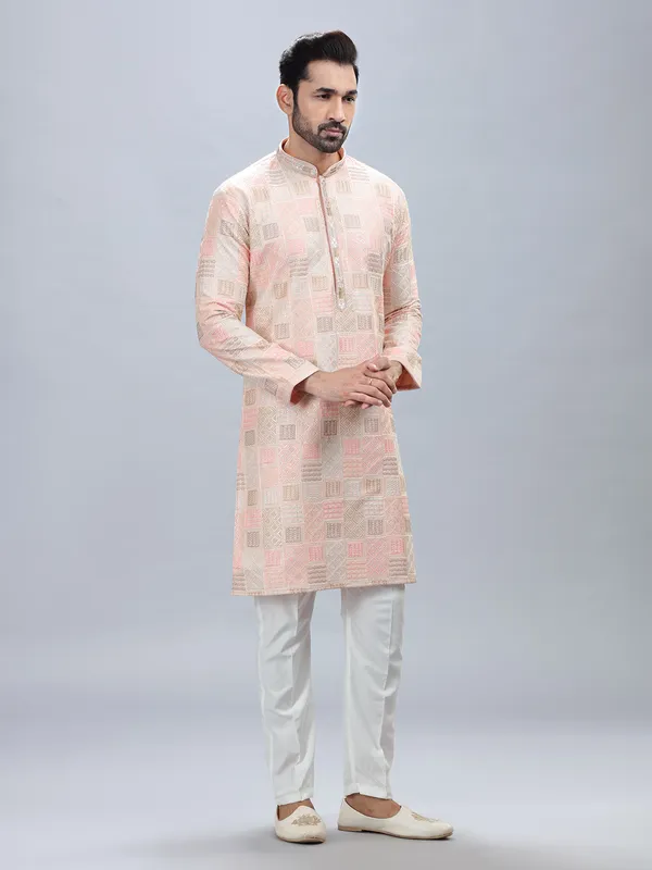 Peach silk festive style kurta set for men