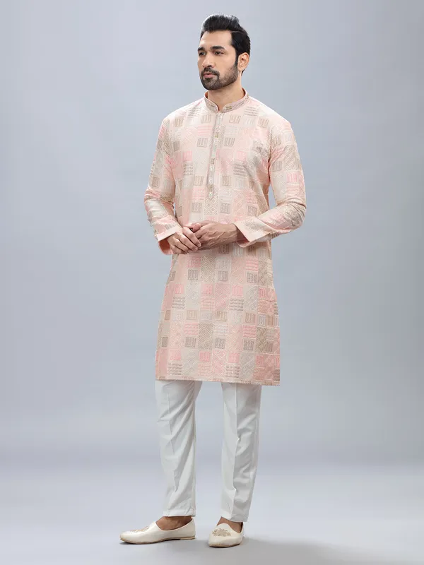 Peach silk festive style kurta set for men