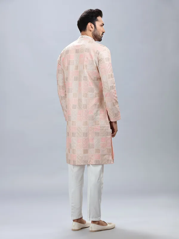 Peach silk festive style kurta set for men