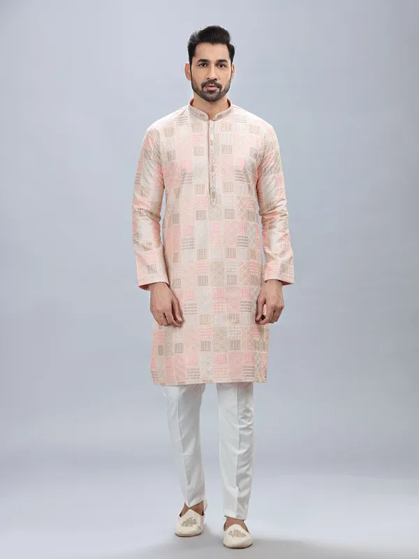 Peach silk festive style kurta set for men