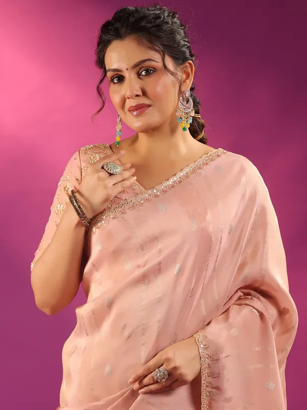 Peach silk festive wear saree for women with unstitched blouse